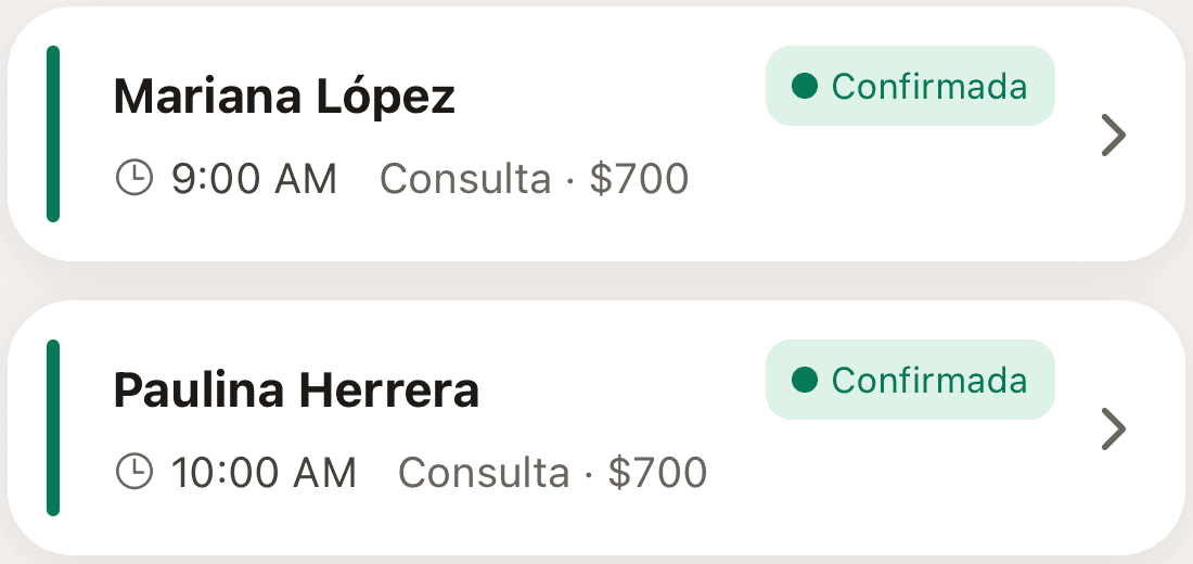 En la app: dos consultas confirmadas, a las 9:00 y a las 10:00
